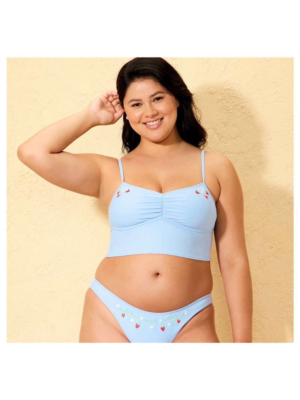 Wild Fable Embroidered Strawberry Cropped Tankini Top (Light Blue - Large)